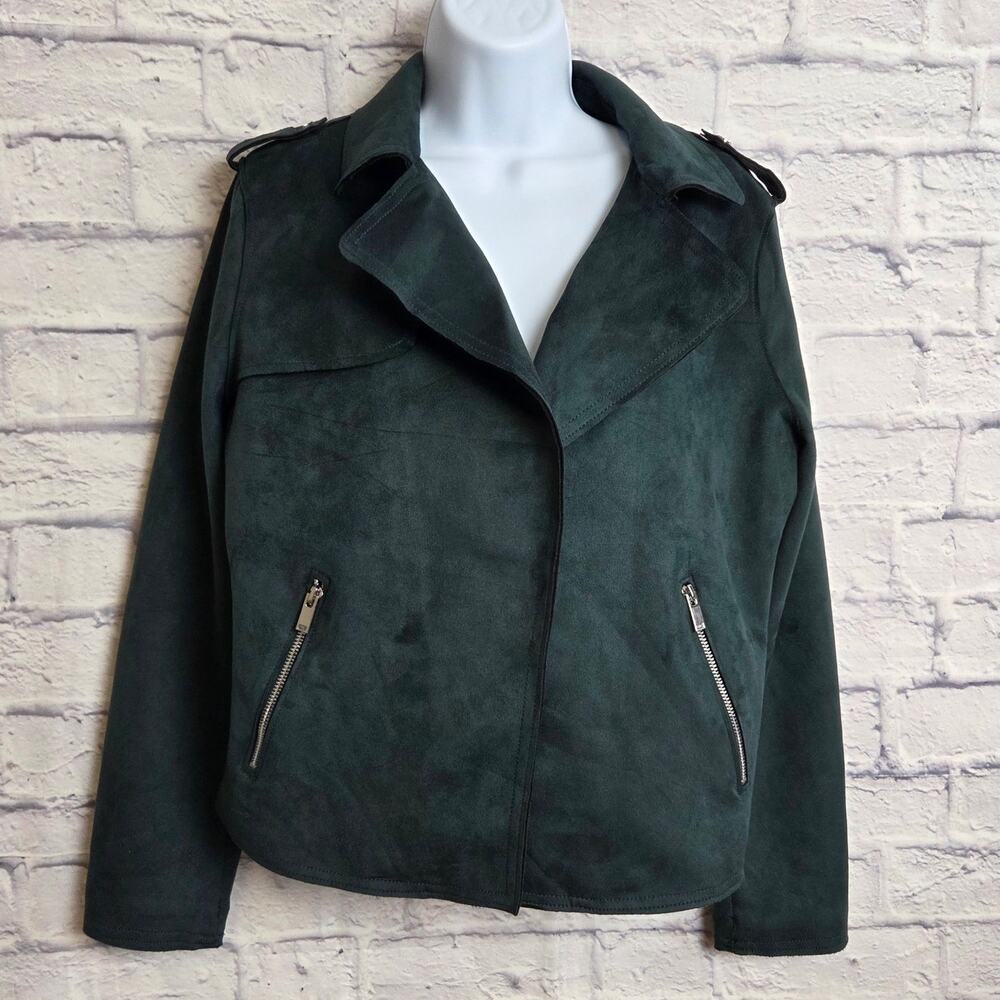 Philosophy Medium Green Faux Suede Leather Moto Jacket Open Front with Pockets